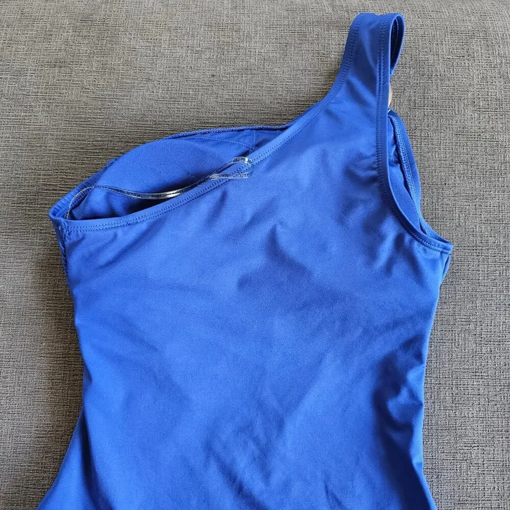 Michael Kors women's blue one-piece swimsuit gold logo ring one shoulder Size 10